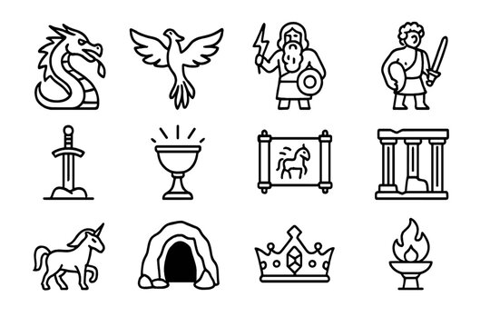Mythical Symbol Icons. Outline icon set of Myth and legend tourism: dragon icon, phoenix bird, thunder god,