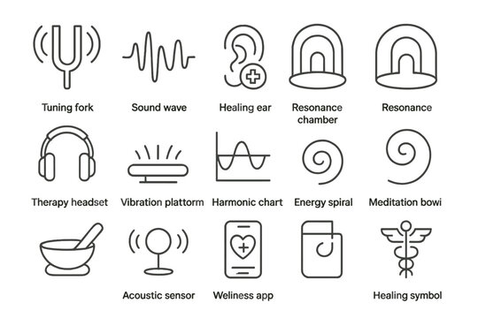 Sonic Healing Icon Set. Outline icon set of Sonic healing technologies: tuning fork, sound wave icon, healing