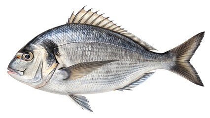 Obraz premium Detailed illustration of sea bream-style fish with silvery scales, spined dorsal fin, and anatomical features on white background