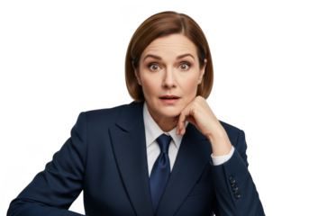 Surprised businesswoman in suit with hand on chin looking shocked png image for design assets and graphics, isolated on transparent background