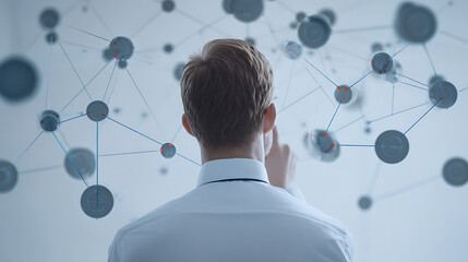 Man in white shirt facing a digital network of interconnected nodes, viewed from behind