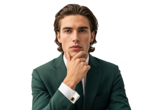 Handsome young man in green suit posing thoughtfully portrait image stock photo, model, fashion, style, isolated on transparent background - Powered by Adobe