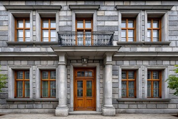 Stone facade with wooden windows and balcony