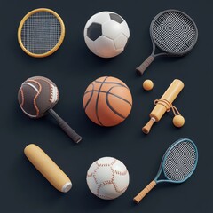 Flat-lay sports equipment, various types of balls and rackets on dark background