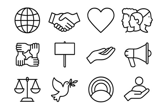 Icons of Unity. Outline icon set of Racial inclusion: globe, handshake, heart, diverse faces, unity chain,
