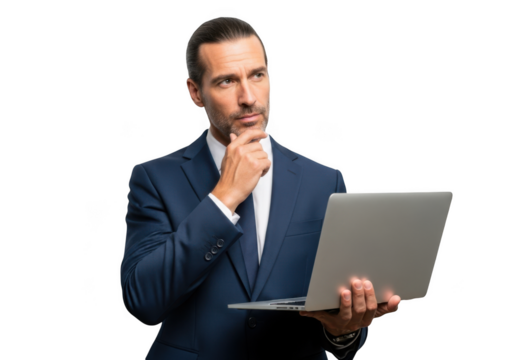 Thoughtful businessman holding laptop, contemplating strategy, planning, and decision making, isolated on transparent background - Powered by Adobe