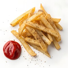 Golden French fries seasoned with black pepper served with ketchup on white background
