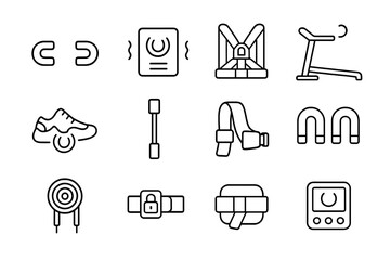 Fototapeta premium Magnetic Fitness Icons. Outline icon set of Magnetic resistance machines: magnetic dumbbell, force panel,