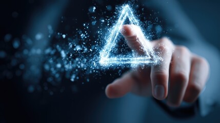 Urgent Cybersecurity Alert Human Finger Pressing Glowing Red Warning Triangle on Digital Interface