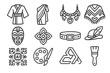 Fototapeta premium Cultural Fusion Icons. Outline icon set of Generative cultural fusion fashion: kimono outline, sari sketch,