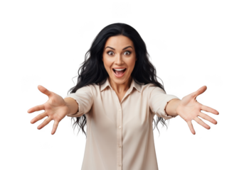 Excited woman reaching outward with open arms full body shot png image for graphic design and projects isolated on transparent background