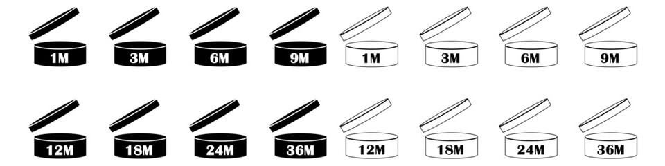 Set of PAO cosmetic expiry symbols vector form 1m to 36m. Ideal for skincare, beauty packaging, product labelling, and regulatory design needs.