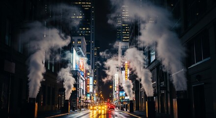 Steam plumes rise from city vents on a wet night, illuminated by streetlights and neon signs