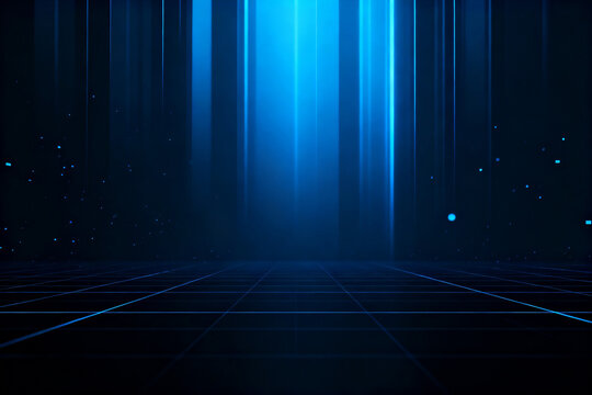 Abstract digital space with blue light beams and grid floor