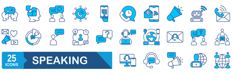 Speaking set of web icons. Communication icons for web and mobile app. Containing people, communication, talking, discussion, speech bubble, team, support and more