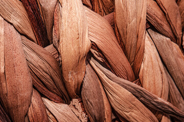Macro photo of intertwined natural fibers with braided pattern. The texture shows rough and earthy...