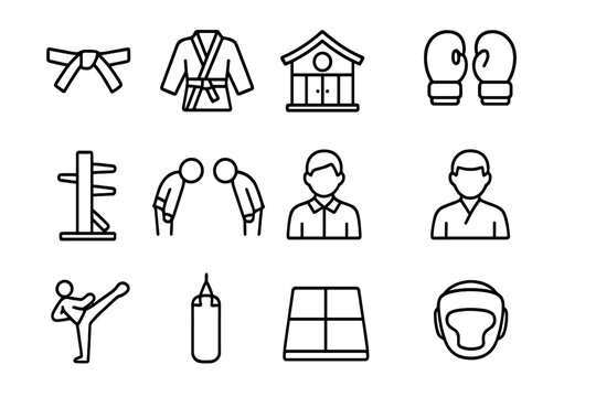 Martial Arts Icons. Outline icon set of martial arts: belt, gi uniform, dojo, sparring gloves, wooden dummy,