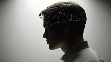 Silhouette of a man in profile with geometric lines overlaying his head, suggesting digital or technological analysis.