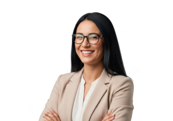 Professional smiling businesswoman with glasses posing in beige blazer stock photo portrait isolated on transparent background
