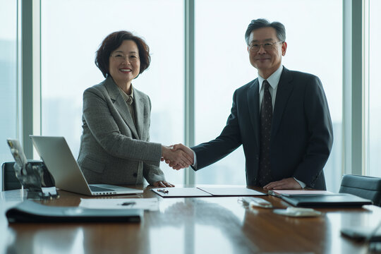 Business handshake between two senior executives sealing a partnership in a modern boardroom with documents and laptop on the table - Powered by Adobe