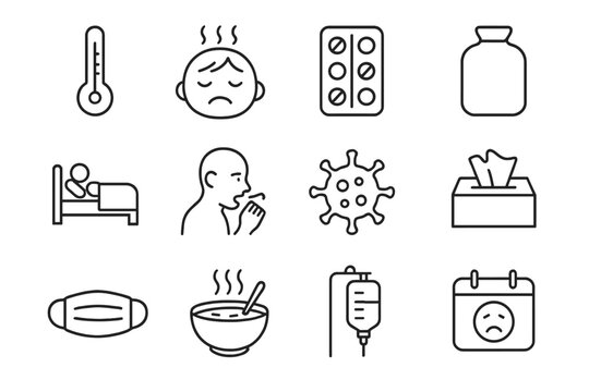Flu & Fever Icons. Outline icon set of flu and fever: thermometer high, fever face, pill pack, hot water