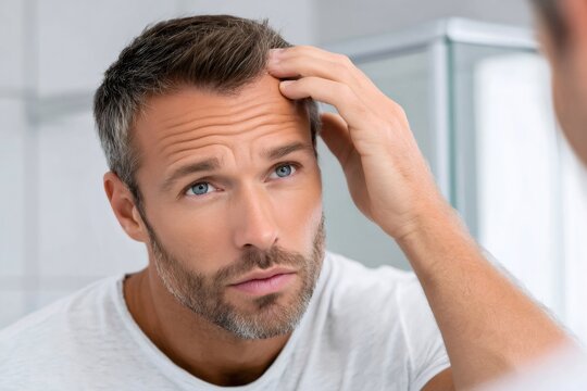 Concerned man checking for hair loss in mirror - Powered by Adobe