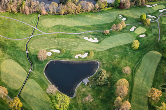 Aerial of golf course in a suburb of New York city, USA