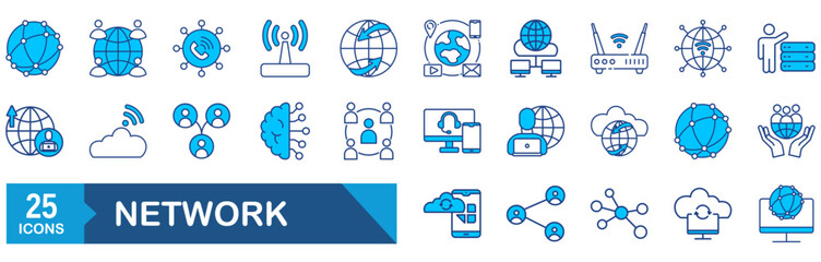 Network Web Icon Set. Collection of Information Technology Linear Icons, Including connection, communication, technology, internet, IT, router, signal, wireless and more. Editable Stroke