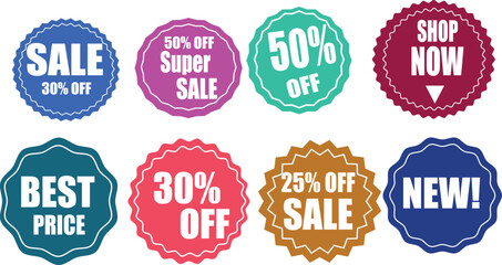 A collection of colorful sale stickers with various discount offers and promotional messages displayed on them