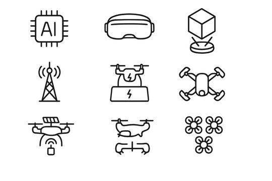 Futuristic Drone Tech Icons. Outline icon set of futuristic drone tech: AI chip, VR goggles, hologram, 5G
