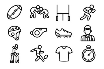 Rugby Icon Set. Outline icon set of rugby: rugby ball, scrum, goalpost, tackling player, scrum cap, whistle,