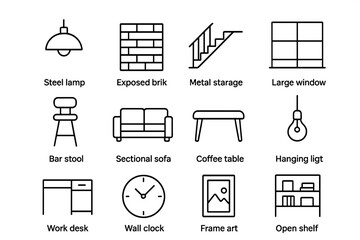 Modern Loft Icons. Outline icon set of modern loft: steel lamp, exposed brick, metal staircase, large window, © Руслан Мельніков