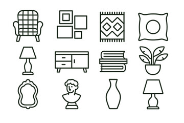Eclectic Interior Icons. Outline icon set of eclectic interior: patterned chair, gallery wall, bold rug,