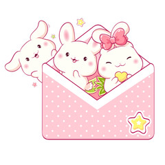 Square card in kawaii style with cute rabbit in envelope. Three little bunny in open letter. Can be used for t-shirt print, sticker, badge, greeting card. Vector illustration EPS8