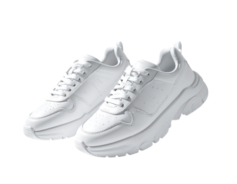 A pair of clean, white leather sneakers with chunky soles and lace-up closures, presented against a black background