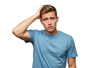 Confused young man with hand on head, questioning and puzzled expression, wearing blue shirt, studio portrait isolated on transparent background
