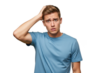 Confused young man with hand on head, questioning and puzzled expression, wearing blue shirt, studio portrait isolated on transparent background
