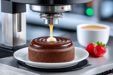 Dessert automation pouring white chocolate sauce on chocolate cake
