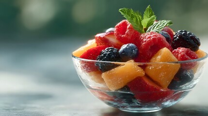 A vibrant and colorful fruit salad brimming with fresh berries and melon in a clear glass bowl garnished with mint