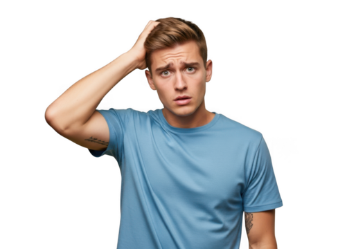 Confused young man with hand on head, questioning and puzzled expression, wearing blue shirt, studio portrait isolated on transparent background