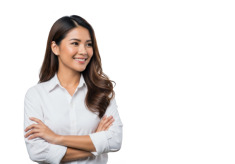 Smiling asian woman professional businesswoman executive isolated portrait png image, confident female leader with arms crossed, transparent background isolated on transparent background