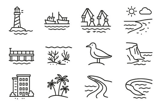 Coastal Panorama Icons. Outline icon set of coastal panoramas: lighthouse, fishing boats, port cranes, sandy