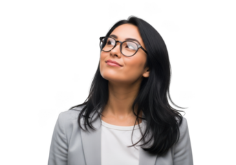 Professional asian woman with glasses looking upward stock photo portrait isolated on transparent background