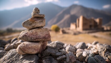 Stacked stones in a mountainous landscape, with ancient ruins in the background
