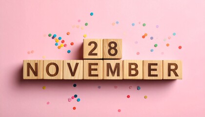 Wooden Blocks with Date 28 November. Calendar for birthday or anniversary on solid colored background with confetti