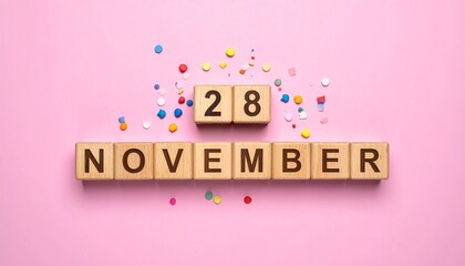 Wooden Blocks with Date 28 November. Calendar for birthday or anniversary on solid colored background with confetti