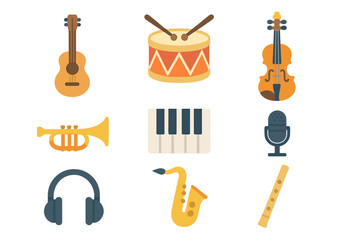 Obraz premium World Music Icons Grid. Flat icon set of world music: guitar, drum, violin, trumpet, piano keys, microphone,