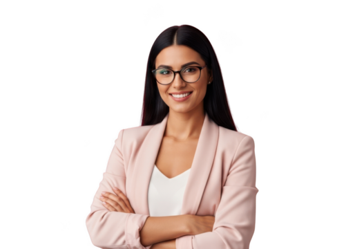 Professional smiling businesswoman with glasses in pink blazer stock photo portrait for mockups and design assets isolated on transparent background