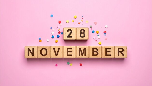 Wooden Blocks with Date 28 November. Calendar for birthday or anniversary on solid colored background with confetti