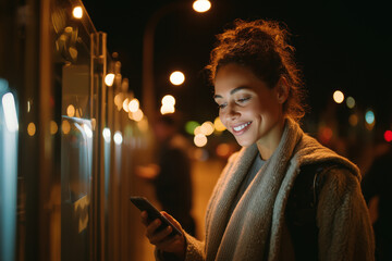 Young woman smiling at her smartphone while waiting at a bus stop at night, warm streetlight bokeh and cozy scarf vibes